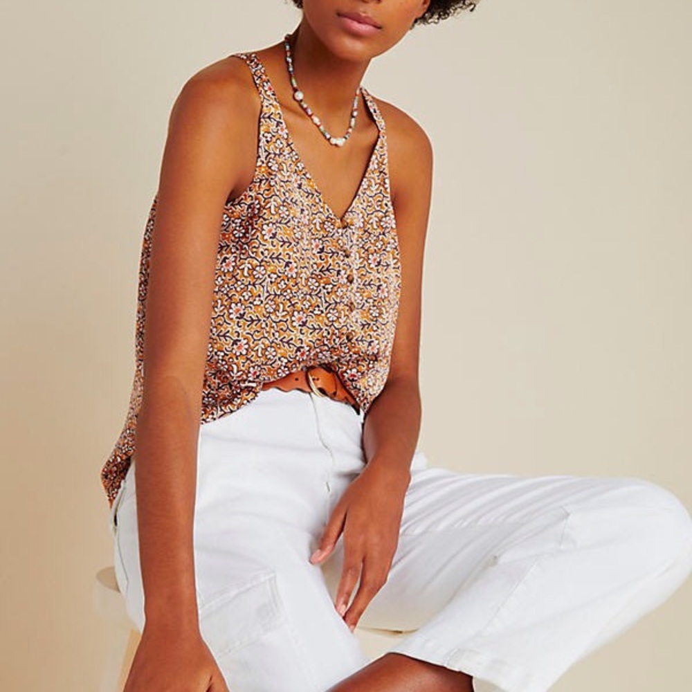 Anthropologie Gold Floral Button-Down Cami